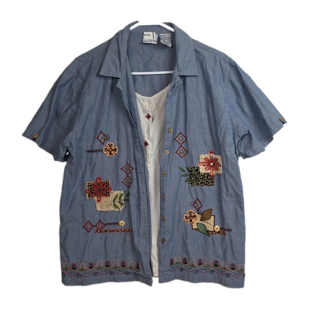 Vintage Bobbie Brooks Womens XL Blue Embroidered Button Up Mock Layer Shirt